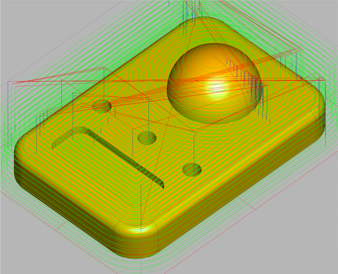 Roughing toolpath in MeshCAM on a sample part with a dome, slot, and holes