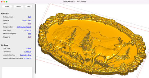 Detailed 3D relief carving of deer in a forest, loaded in MeshCAM Pro
