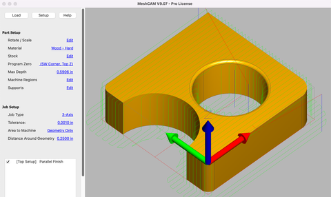 MeshCAM V9 showing a 3D part with a large hole, ready for a parallel finishing toolpath